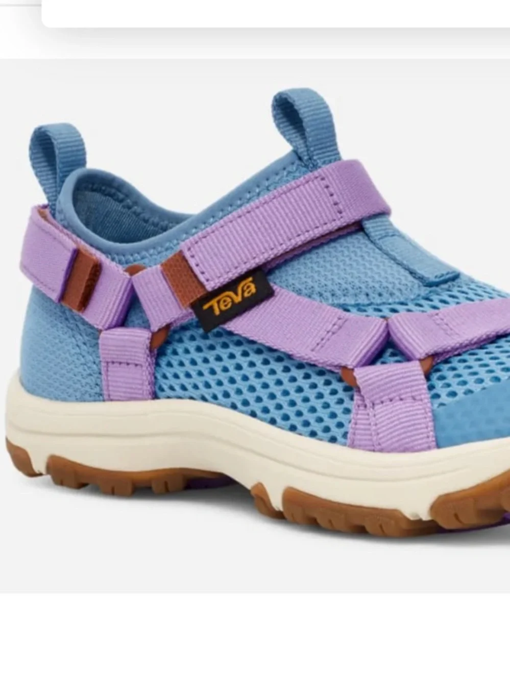 Teva Kids Outflow Sandal in Blue with Lilac Straps and Brown Toe